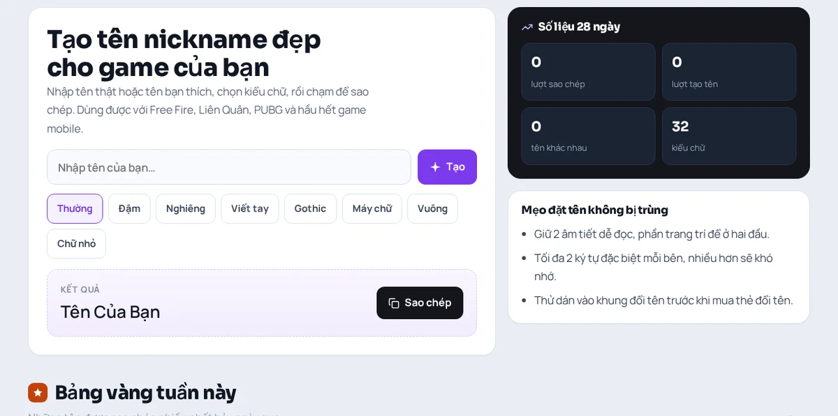 Ảnh chụp công cụ tạo tên nickname và bảng số liệu 28 ngày trên KituVIP
