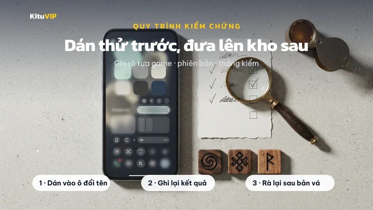 Ba bước kiểm chứng kí tự đặc biệt: dán vào ô đổi tên, ghi lại kết quả, rà lại sau bản vá